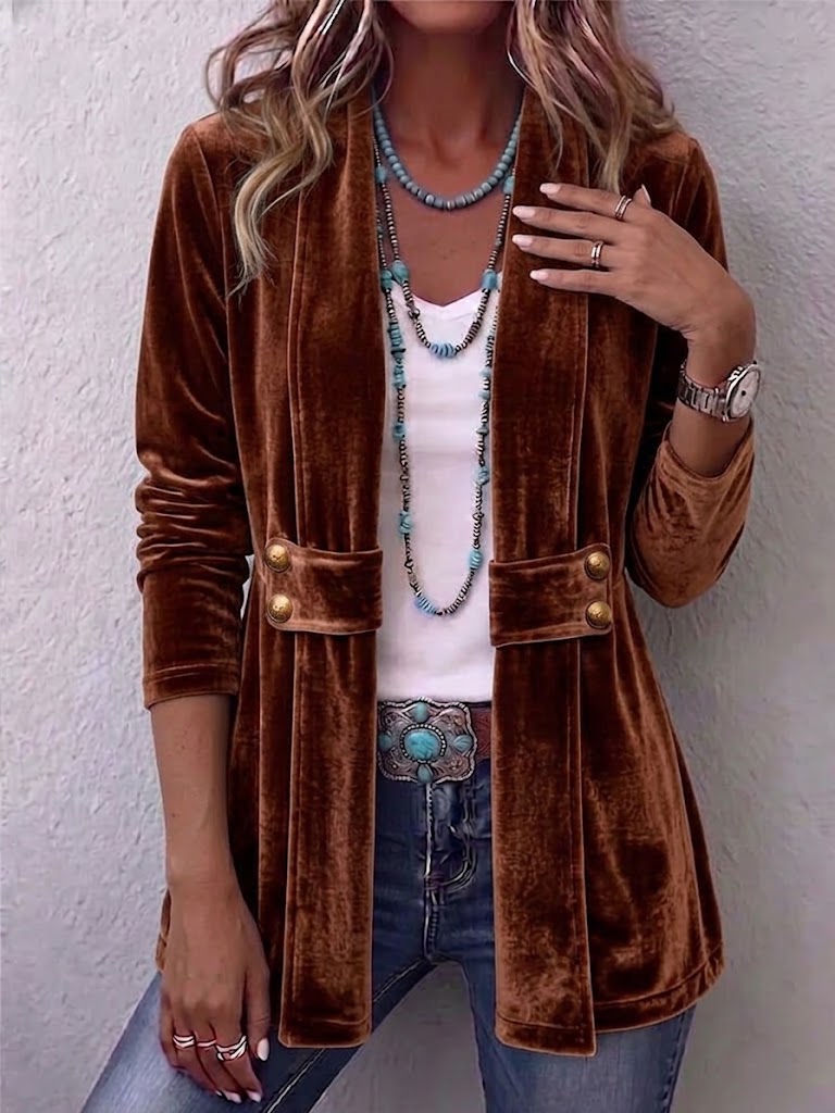 Holliwell™ | Retro Long Sleeve Open Front Jacket with Button Lapel Accent