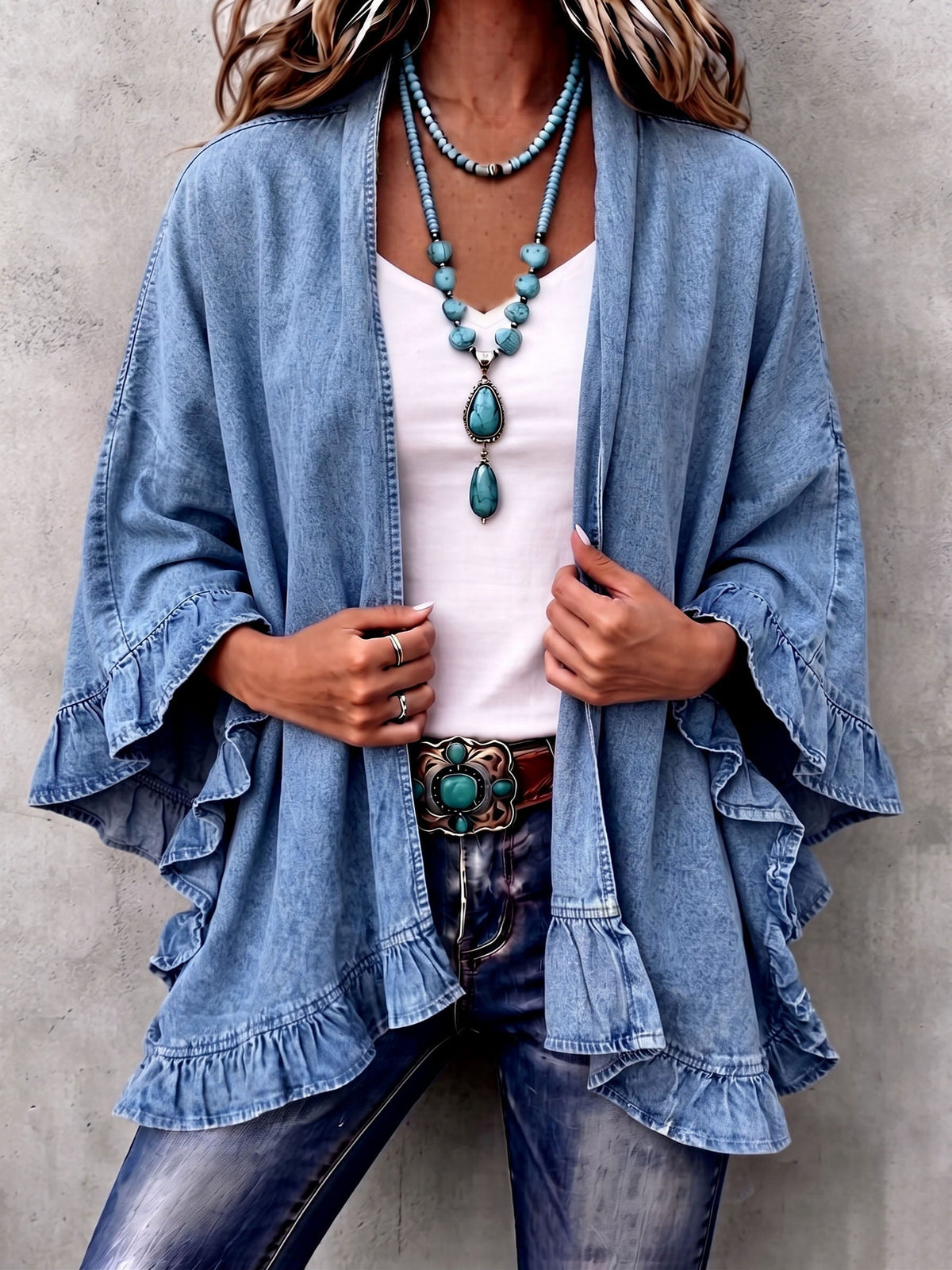 Corinne | Stylish Boho Denim Cardigan with Ruffle Trim