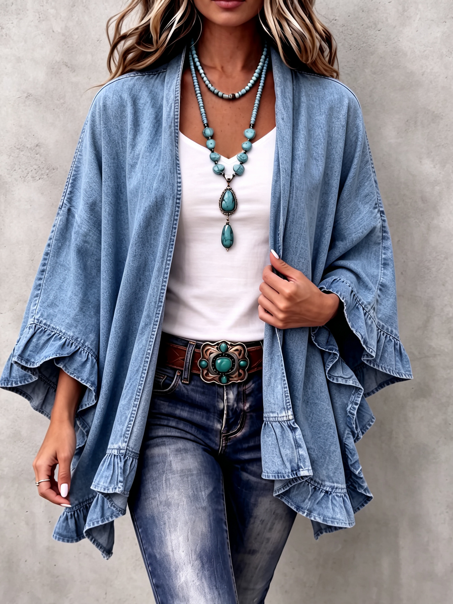 Corinne | Stylish Boho Denim Cardigan with Ruffle Trim