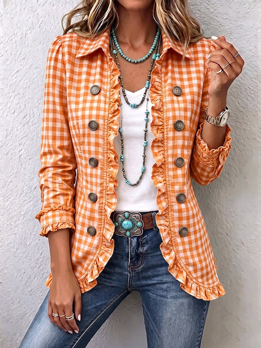 Charlene™ | Ruffled Gingham Button-Up Jacket