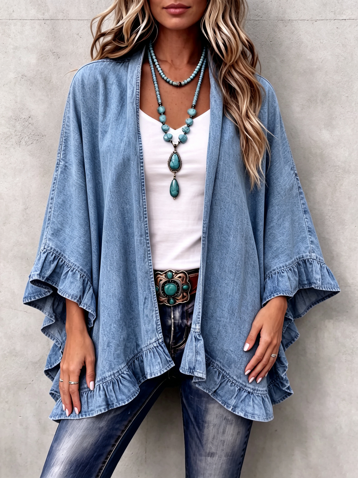 Corinne | Stylish Boho Denim Cardigan with Ruffle Trim