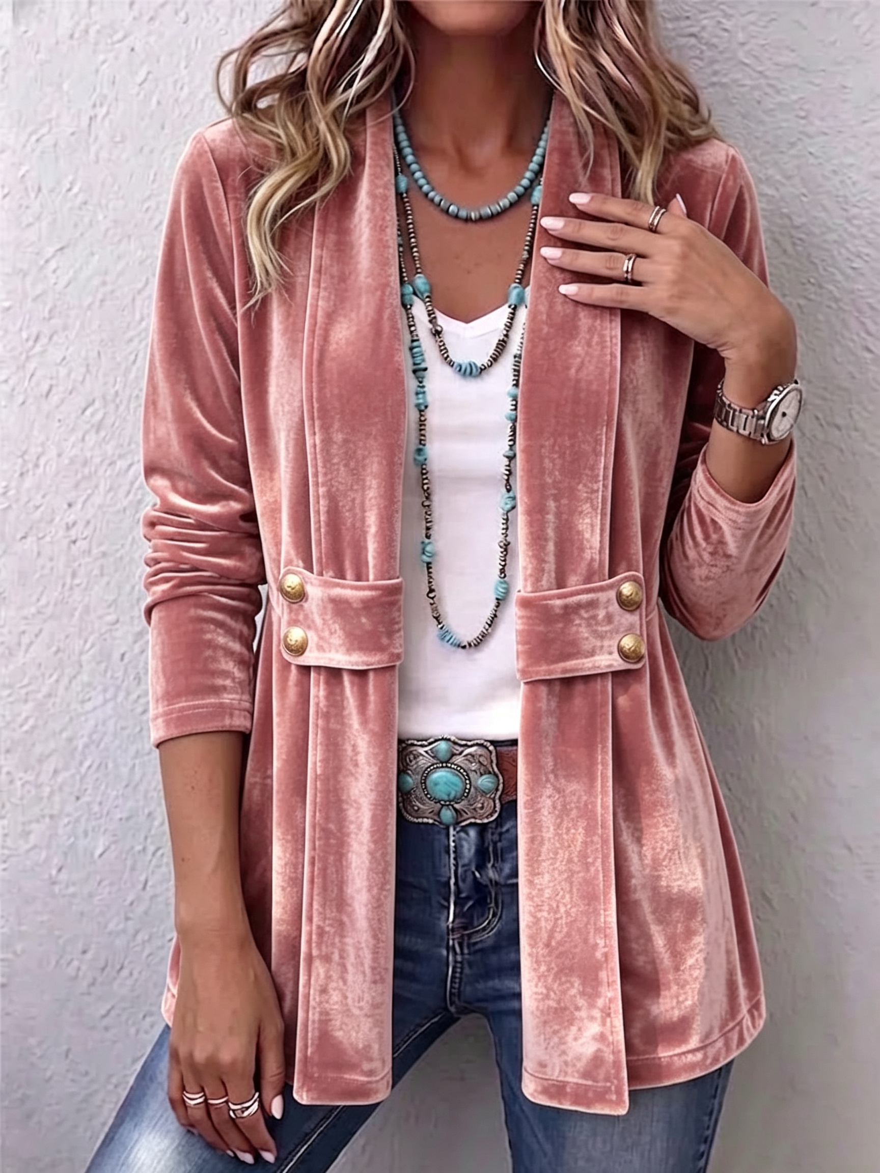 Holliwell™ | Retro Long Sleeve Open Front Jacket with Button Lapel Accent