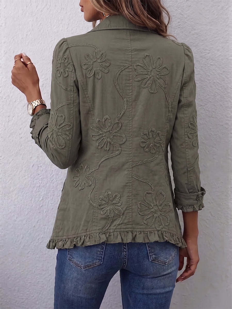 Kamberly™ | Bohemian Floral Embroidered Utility Jacket with Ruffled Trim