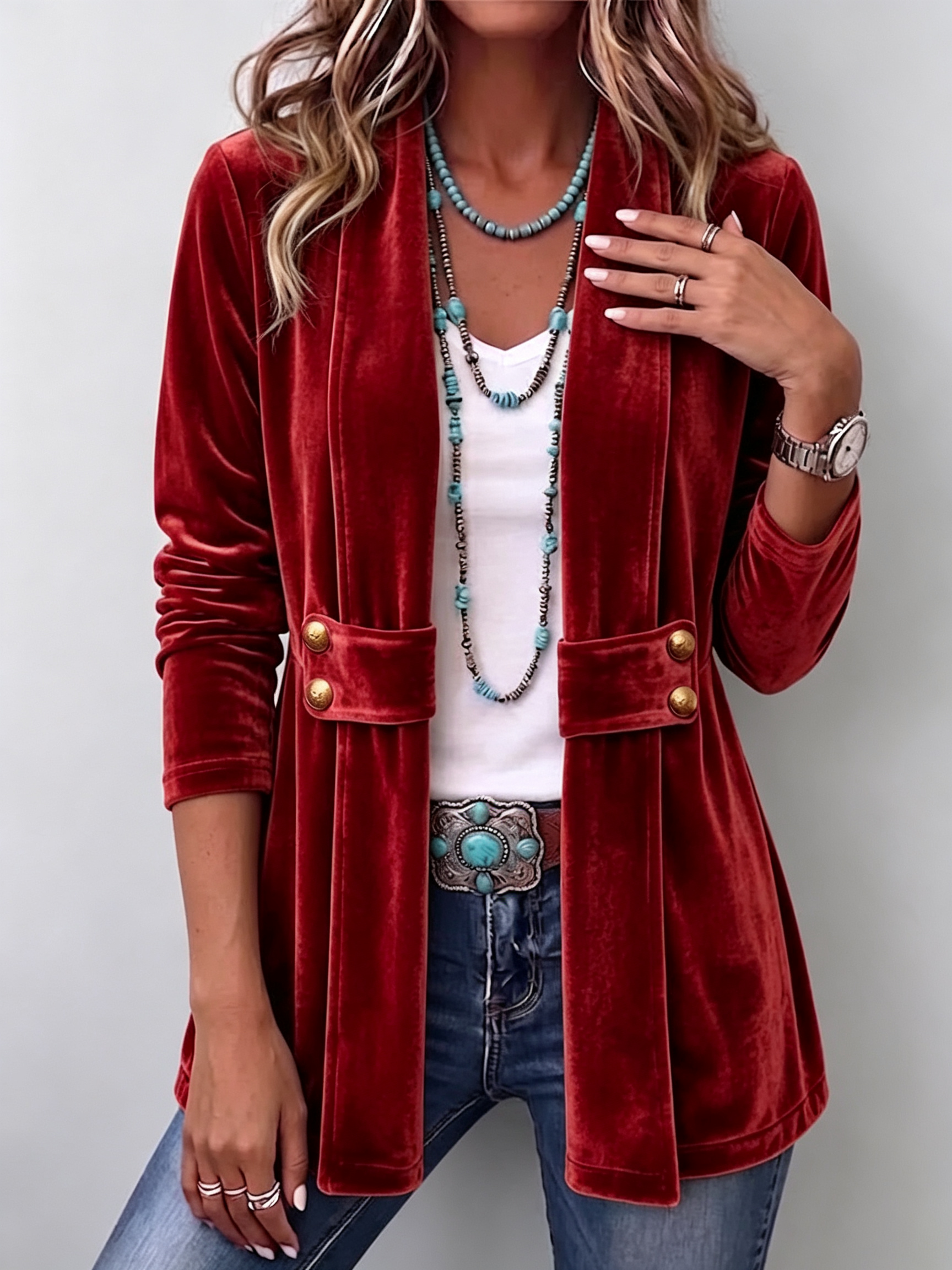 Holliwell™ | Retro Long Sleeve Open Front Jacket with Button Lapel Accent