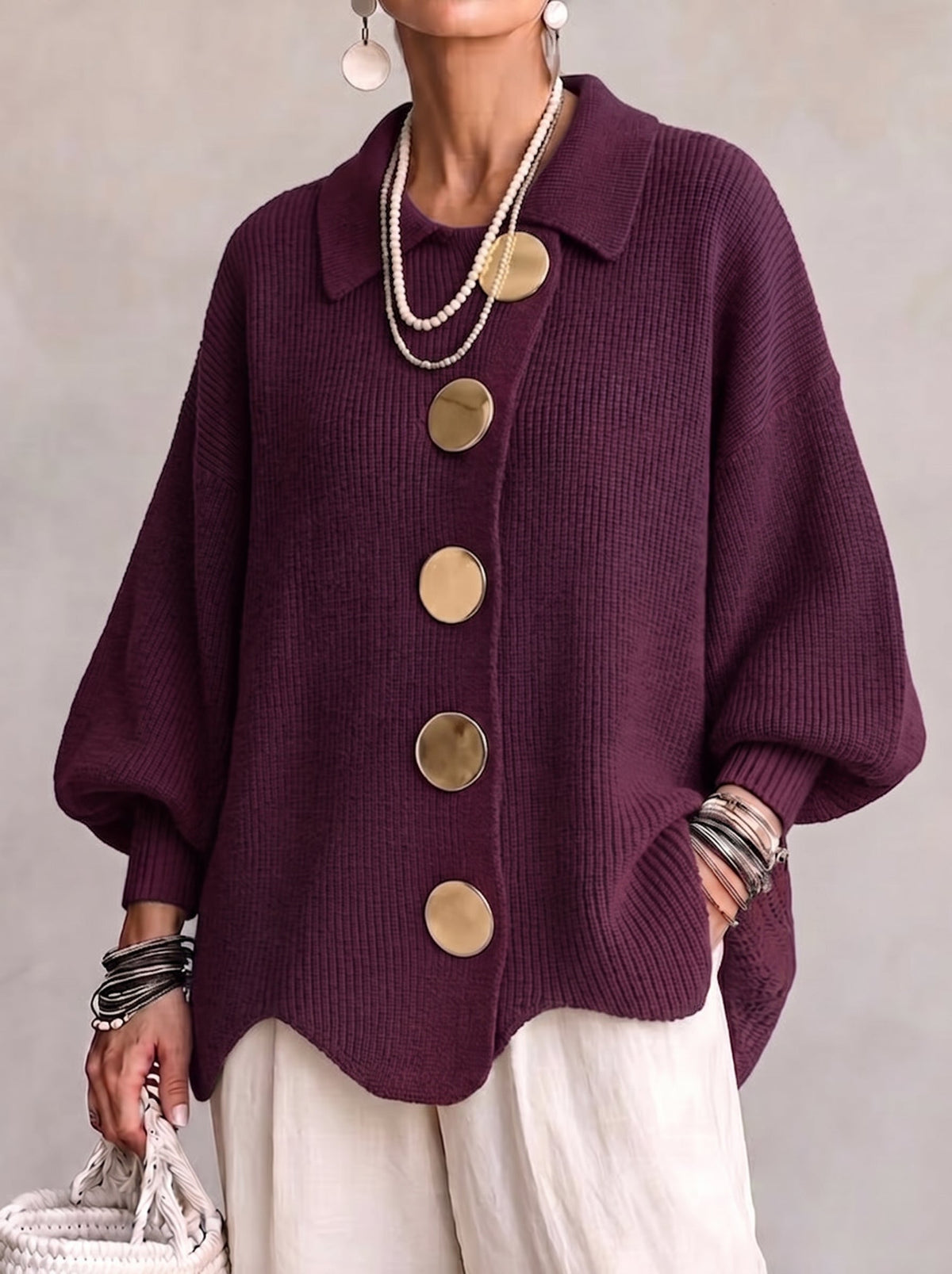 Isabel | Oversized Collared Cardigan With Large Metal Buttons
