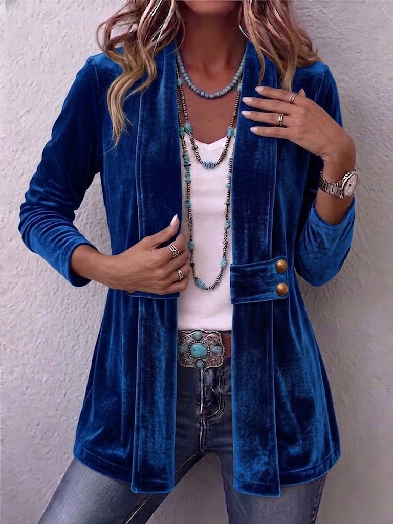 Holliwell™ | Retro Long Sleeve Open Front Jacket with Button Lapel Accent