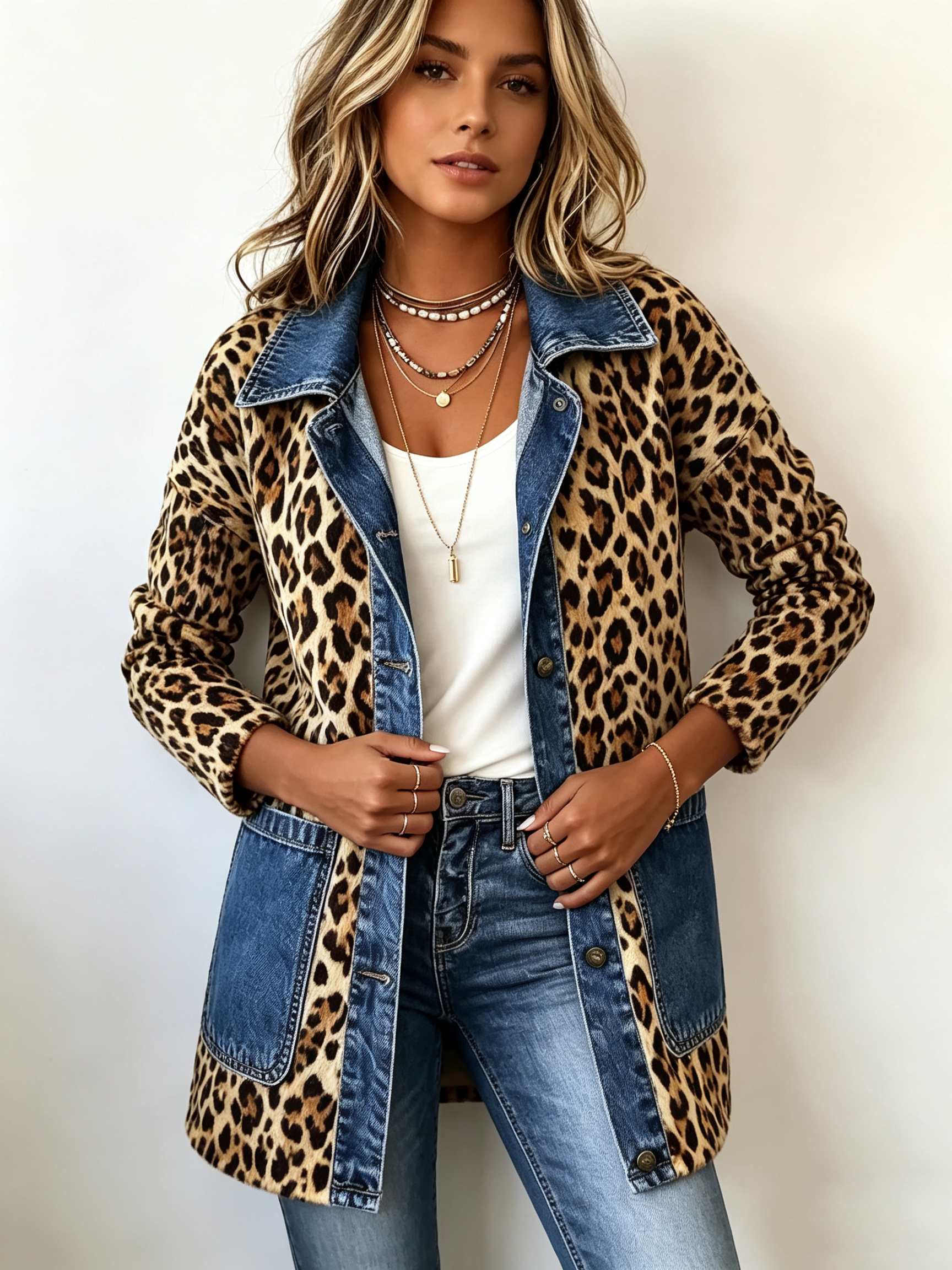 Fablenne™ | Longline Jacket with Leopard Print Denim Panels