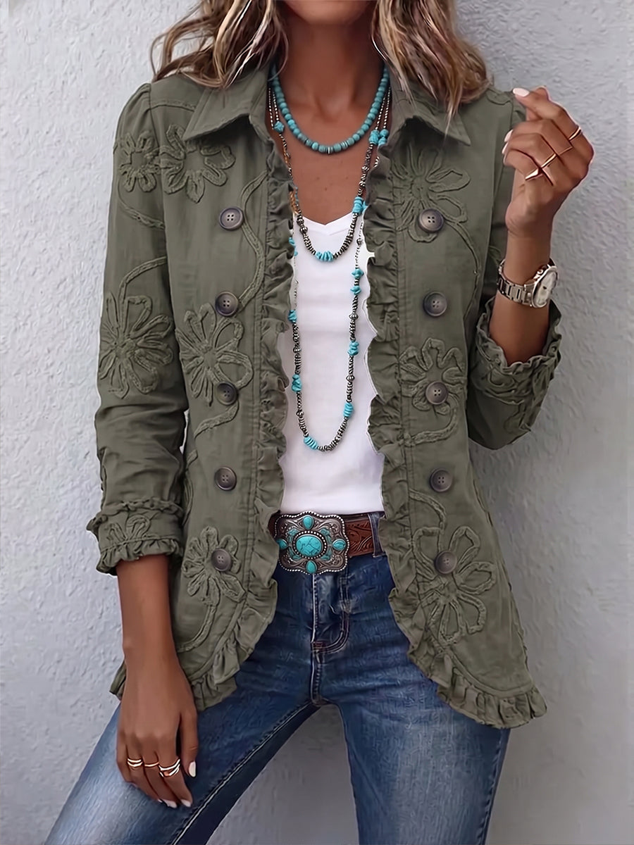 Kamberly™ | Bohemian Floral Embroidered Utility Jacket with Ruffled Trim