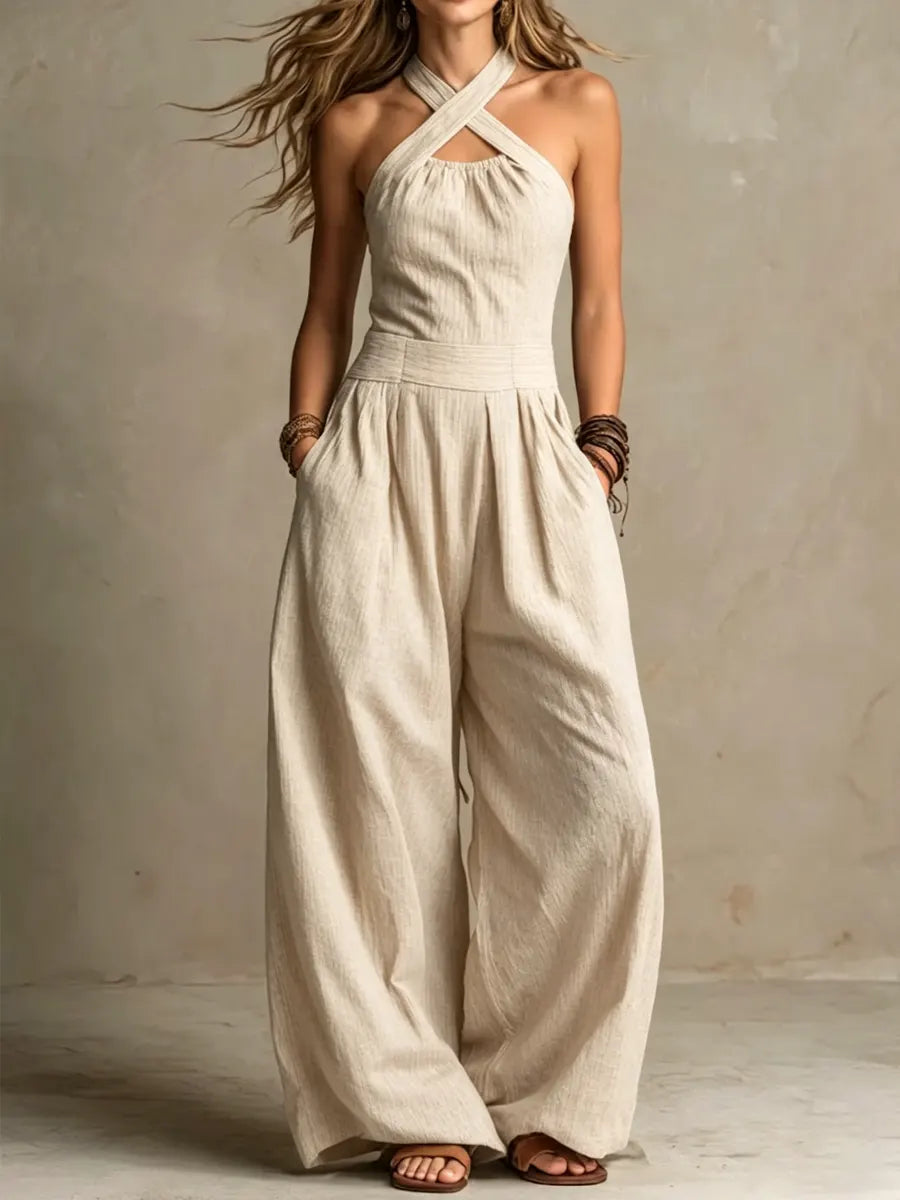 Madeline - Elegant Cross-Neck Linen Jumpsuit