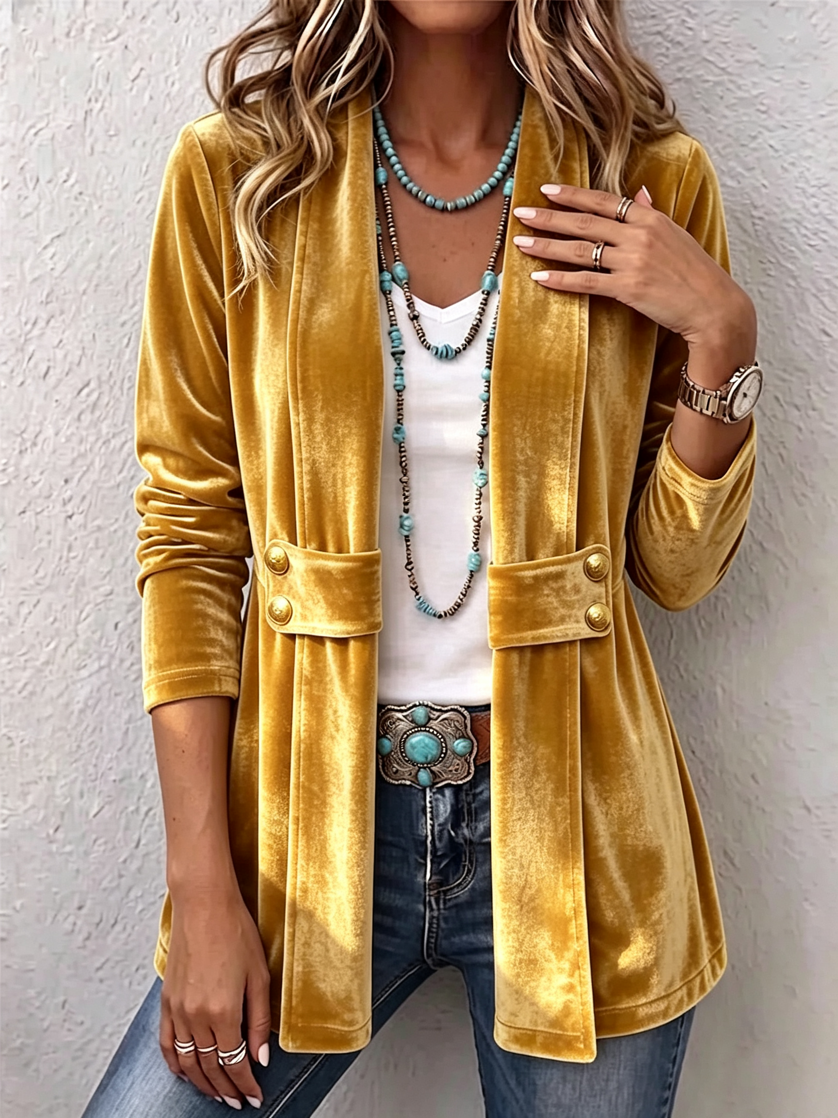 Holliwell™ | Retro Long Sleeve Open Front Jacket with Button Lapel Accent