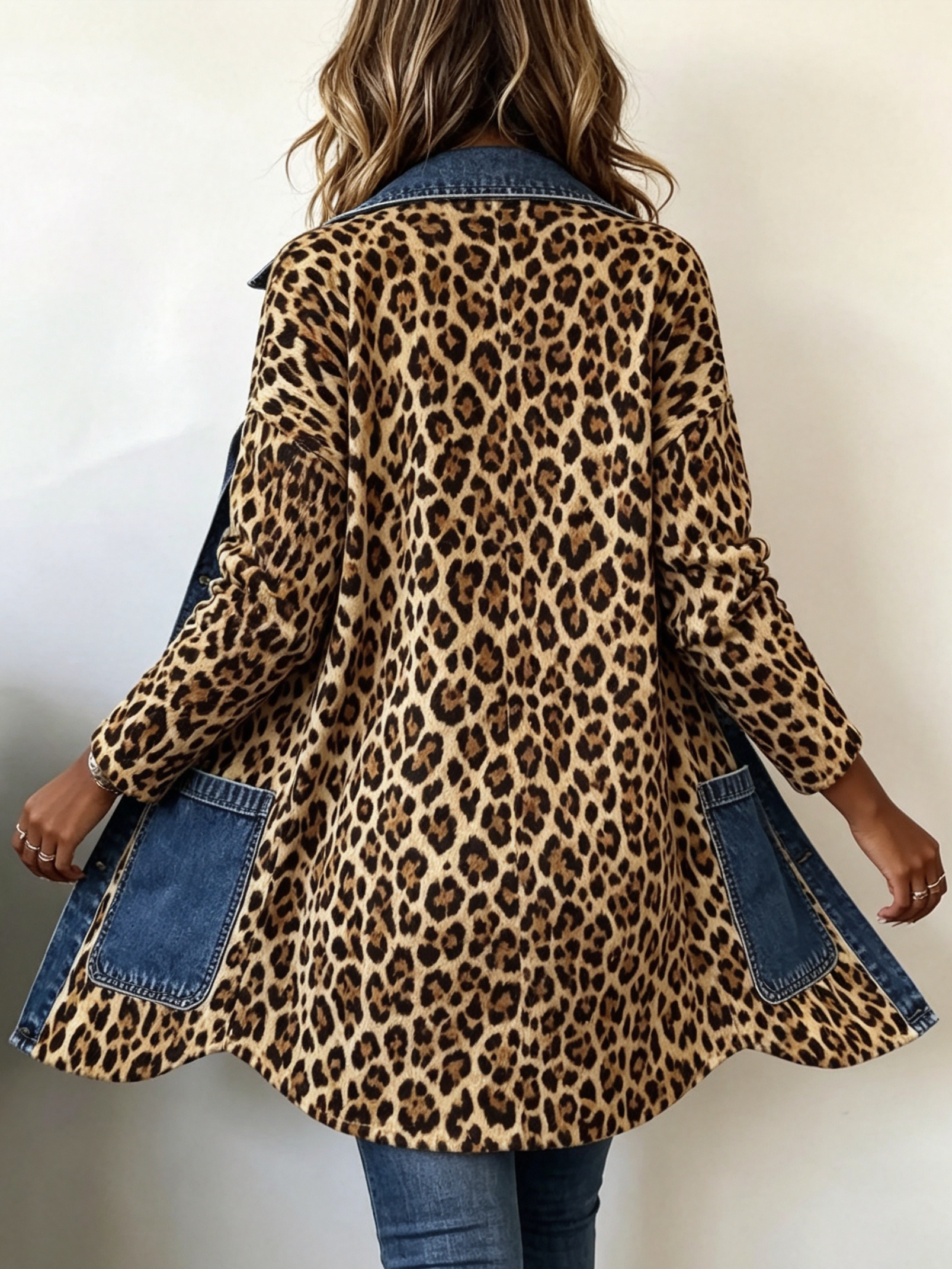 Fablenne™ | Longline Jacket with Leopard Print Denim Panels