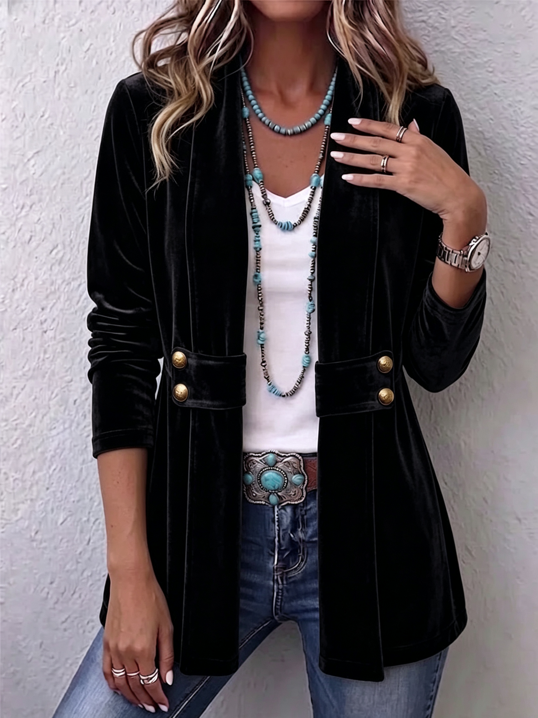 Holliwell™ | Retro Long Sleeve Open Front Jacket with Button Lapel Accent