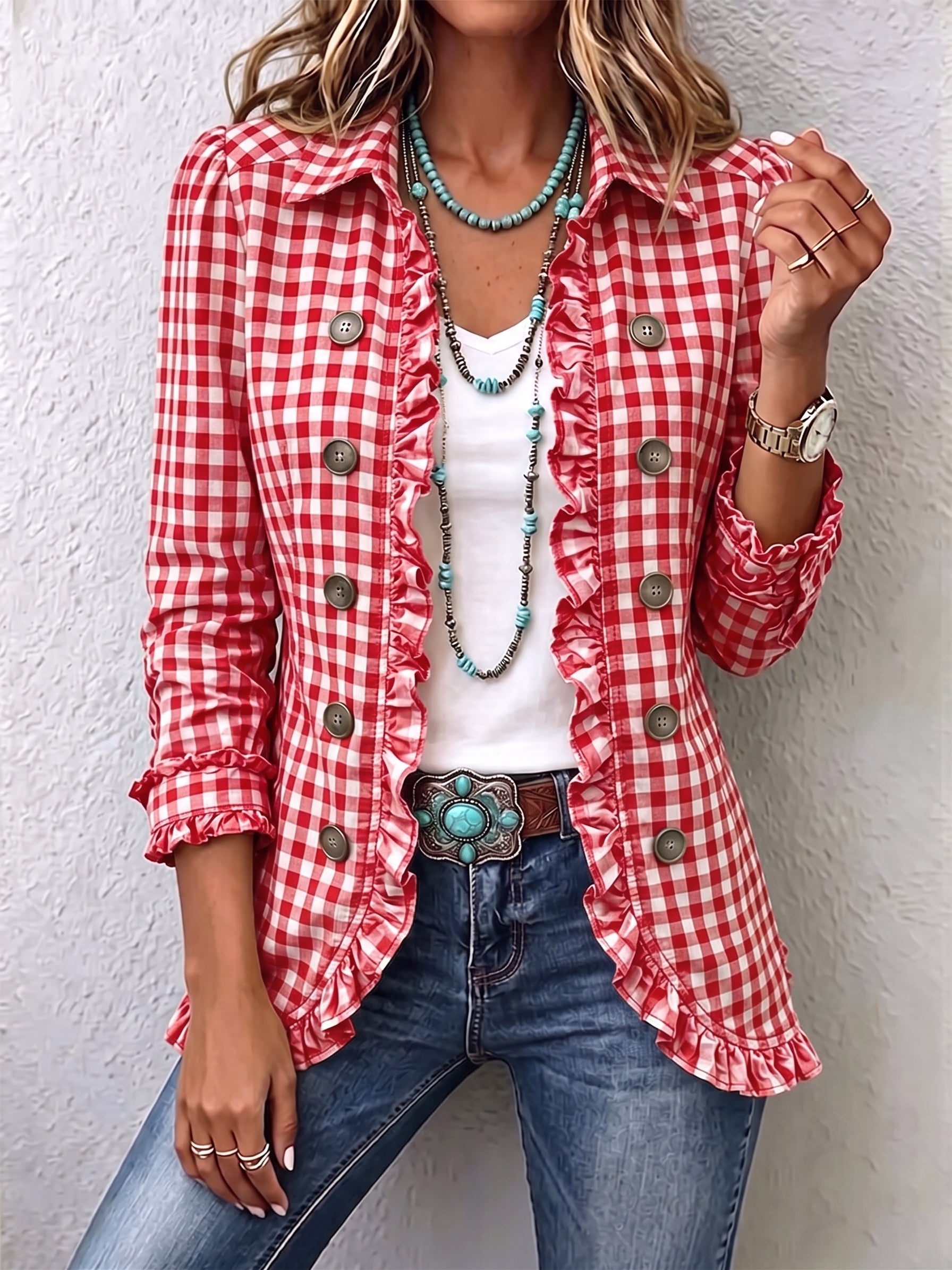 Charlene™ | Ruffled Gingham Button-Up Jacket
