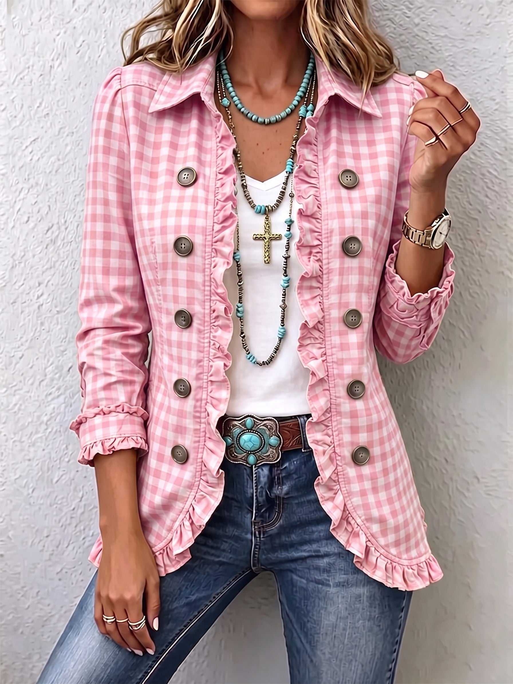 Charlene™ | Ruffled Gingham Button-Up Jacket