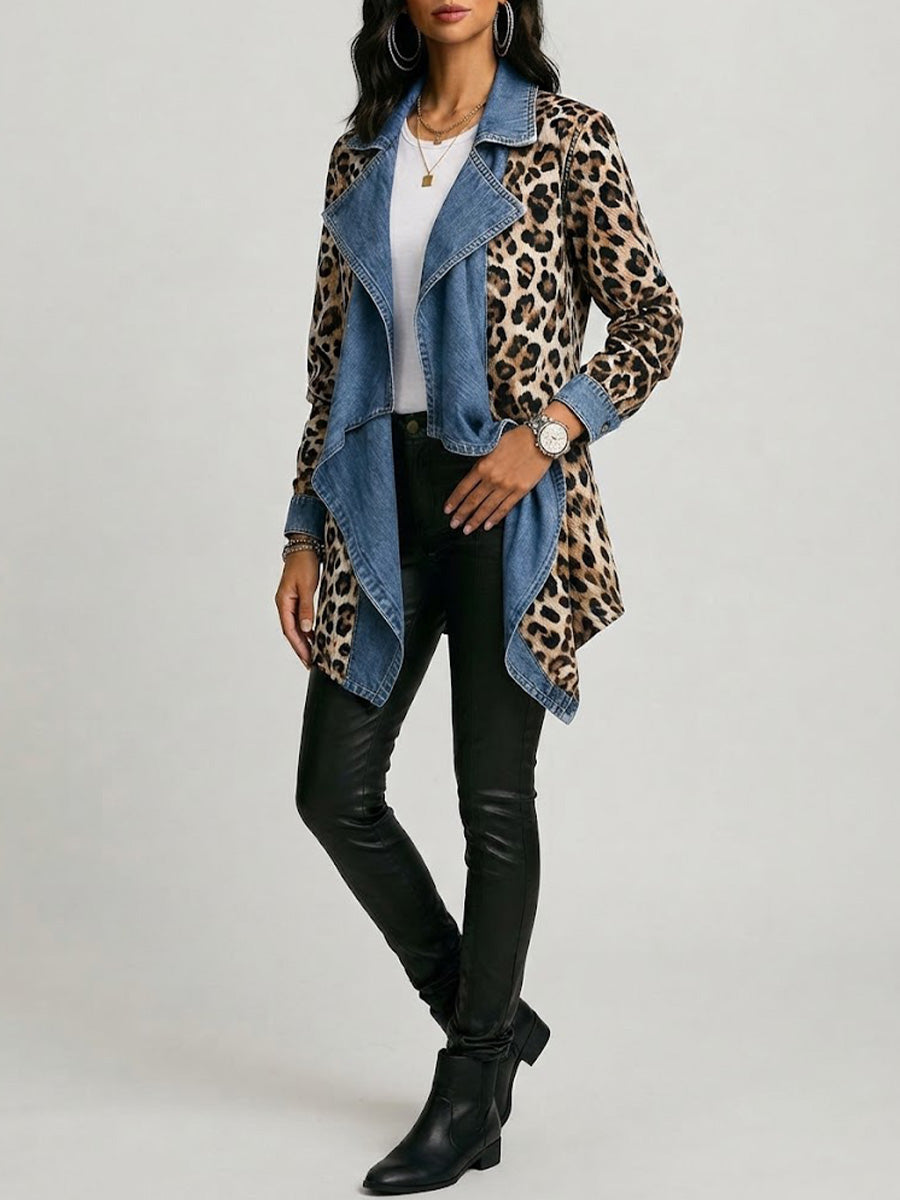 Sherilyn™ | Mid-Length Jacket with Leopard Print and Washed Denim Panels