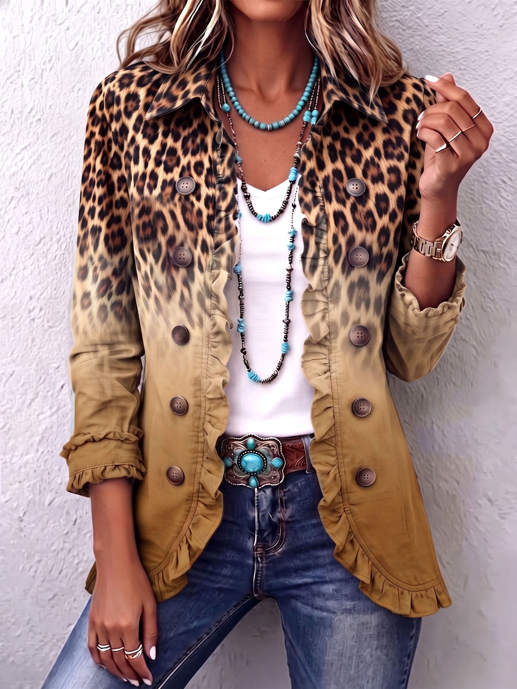Elspeth™ Leopard Ombre Ruffled Blazer Jacket