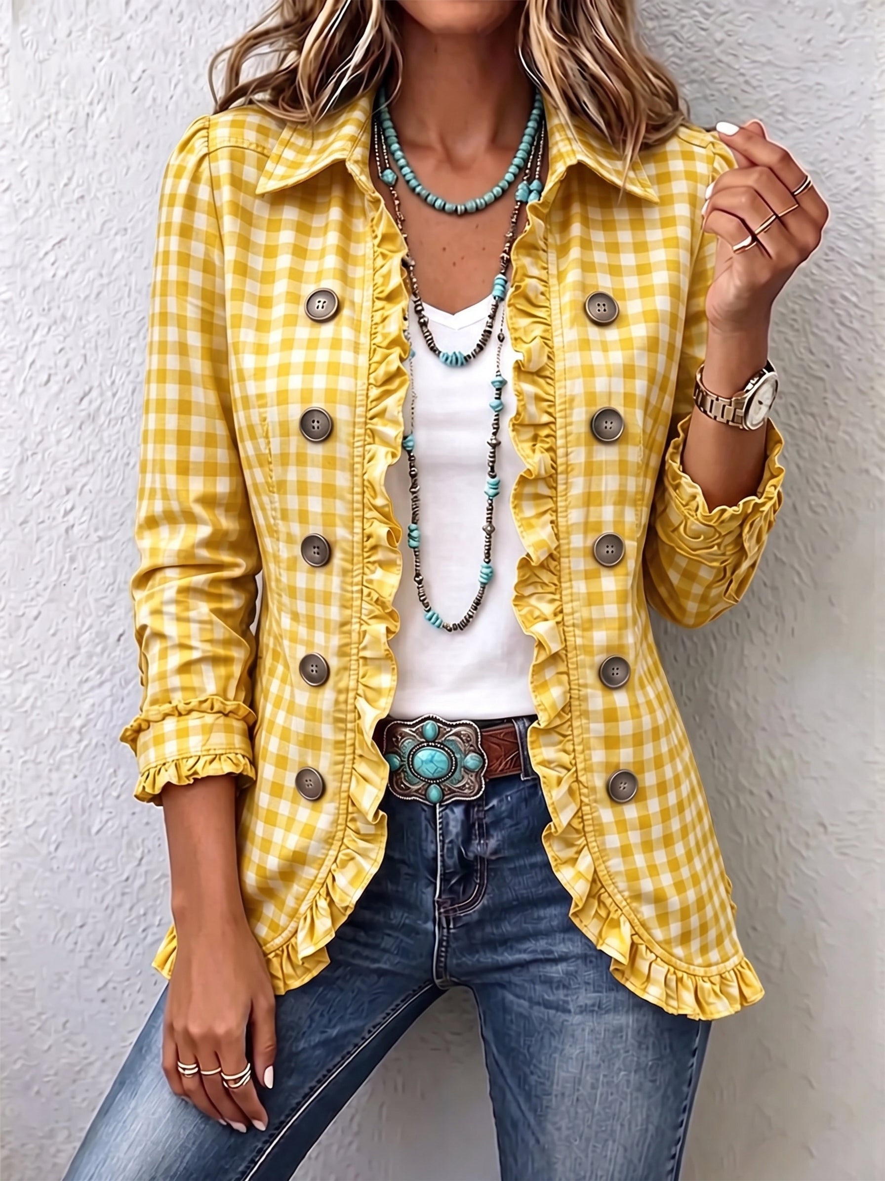 Charlene™ | Ruffled Gingham Button-Up Jacket