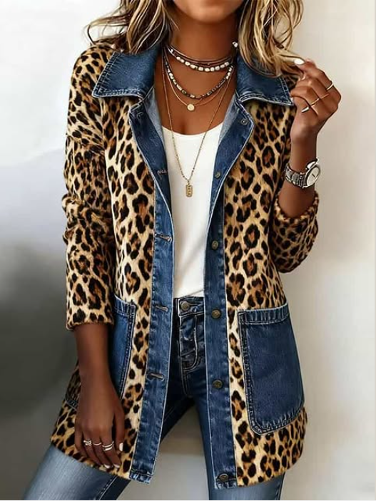 Fablenne™ | Longline Jacket with Leopard Print Denim Panels
