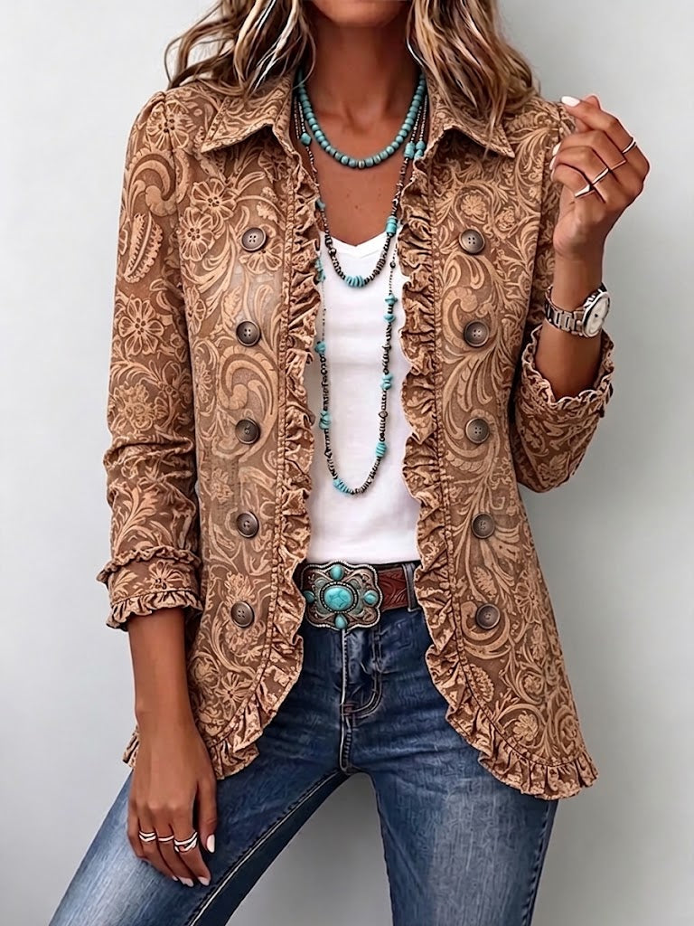 Vyclara™ | Retro Bohemian Floral Ruffle Jacket